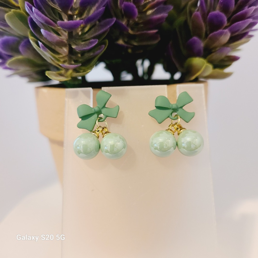Cute Green Cherry Stud Earrings Green Bow Charm Jewelry Women NEW Gifts
